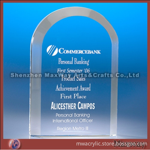 Transparent Arc-shaped Border Polished Acryl/PMMA Trophy/Paperweight/Pressie with Logo